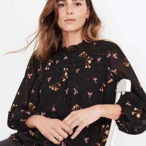 Madewell Georgette ruffle collar smocked Black Blouse with Floral Accents